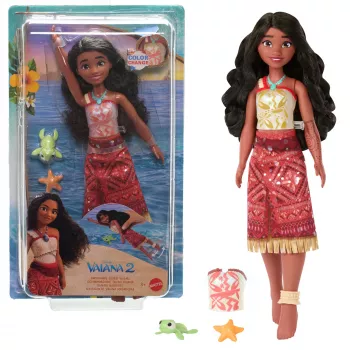 Disney Vaiana 2 Spielzeug, Schwimmende Tautai Vaiana Modepuppe mit 2 Zubehörteilen & farbwechselndem Oberteil