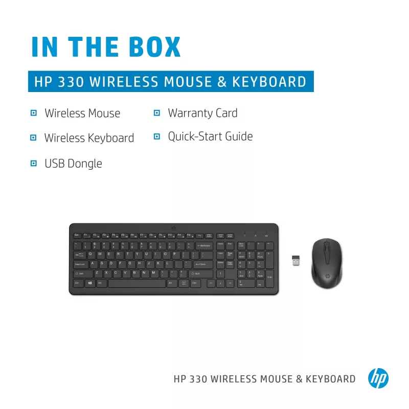 HP 330 Wireless-Maus- und Tastaturkombination, Full-Size (100 %), Kabellos, RF Wireless, QWERTY, Schwarz, Maus inklusive