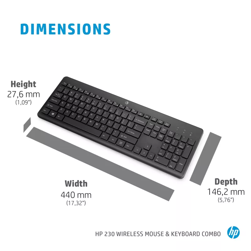 HP 230 Wireless-Maus-und-Tastatur-Kombination, Full-Size (100%), Wireless, RF Wireless, Membran, Schwarz, Maus enthalten