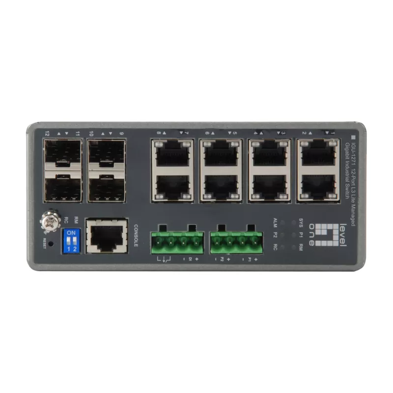 LevelOne IGU-1271 TURING Industrieller L3 Lite Managed Gigabit Switch, 12 Ports (8 x RJ45, 4 x SFP), DIN-Schiene, DC