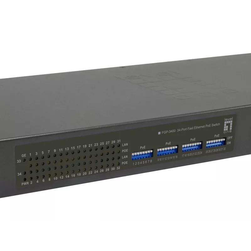 LevelOne 34-Port Fast-Ethernet-PoE-Switch, 802.3at/af PoE, 32 PoE-Ausgänge, 2 x Gigabit RJ45, 630W
