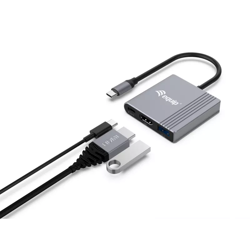Equip 133488 3-in-1 USB-C auf HDMI / USB-A / USB-PD-Adapter, USB 3.2 Gen 1 (3.1 Gen 1), 4K/60 Hz, 100 W PD, Aluminium, Schwarz/Grau