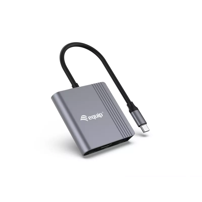 Equip 133488 3-in-1 USB-C auf HDMI / USB-A / USB-PD-Adapter, USB 3.2 Gen 1 (3.1 Gen 1), 4K/60 Hz, 100 W PD, Aluminium, Schwarz/Grau