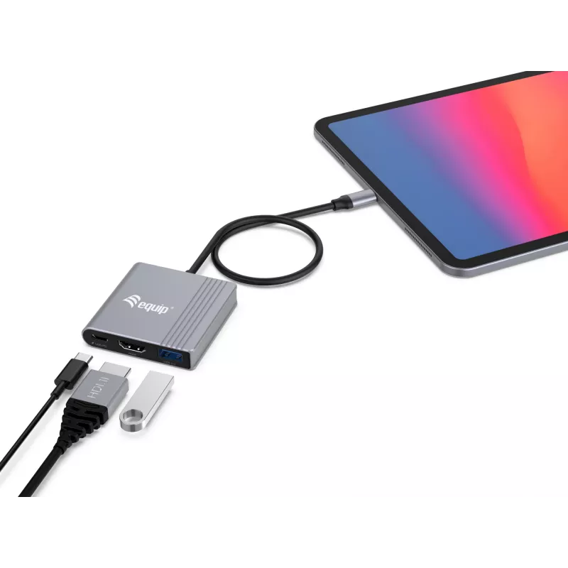 Equip 133488 3-in-1 USB-C auf HDMI / USB-A / USB-PD-Adapter, USB 3.2 Gen 1 (3.1 Gen 1), 4K/60 Hz, 100 W PD, Aluminium, Schwarz/Grau