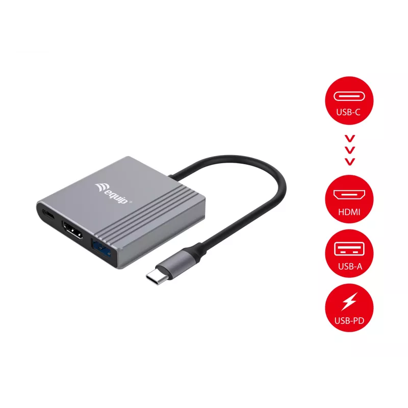 Equip 133488 3-in-1 USB-C auf HDMI / USB-A / USB-PD-Adapter, USB 3.2 Gen 1 (3.1 Gen 1), 4K/60 Hz, 100 W PD, Aluminium, Schwarz/Grau