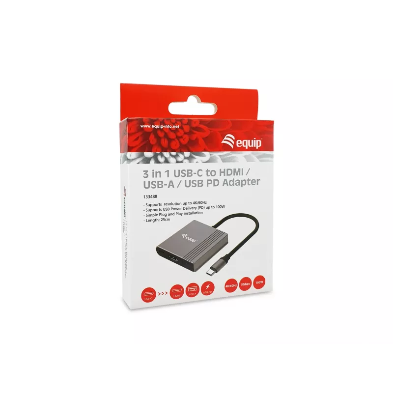 Equip 133488 3-in-1 USB-C auf HDMI / USB-A / USB-PD-Adapter, USB 3.2 Gen 1 (3.1 Gen 1), 4K/60 Hz, 100 W PD, Aluminium, Schwarz/Grau