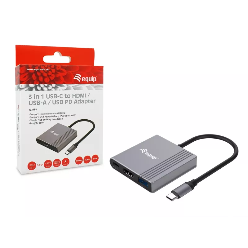 Equip 133488 3-in-1 USB-C auf HDMI / USB-A / USB-PD-Adapter, USB 3.2 Gen 1 (3.1 Gen 1), 4K/60 Hz, 100 W PD, Aluminium, Schwarz/Grau