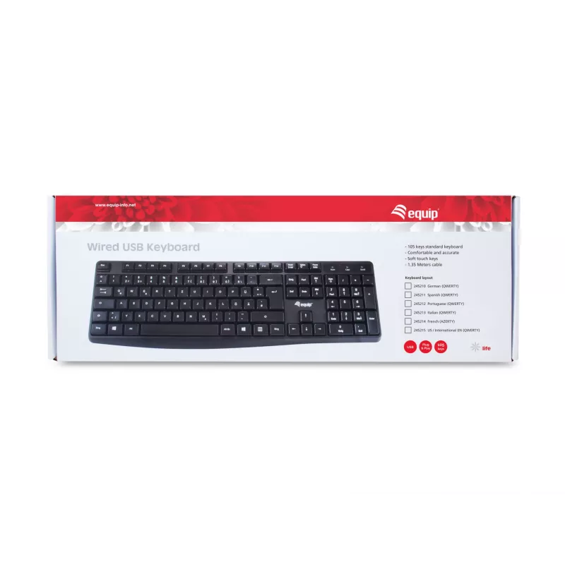 Equip kabelgebundene USB-Tastatur, US/Internationales Layout (QWERTY), Full-Size (100%), Kabelgebunden, USB, QWERTY, Schwarz