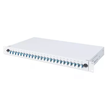 DIGITUS Glasfaser Sliding Spleißbox, 1U, bestückt mit 24x LC-Duplex, inkl. M 25 Schraube, Spleißkassette Farb-Pigtails OM4, Adapter