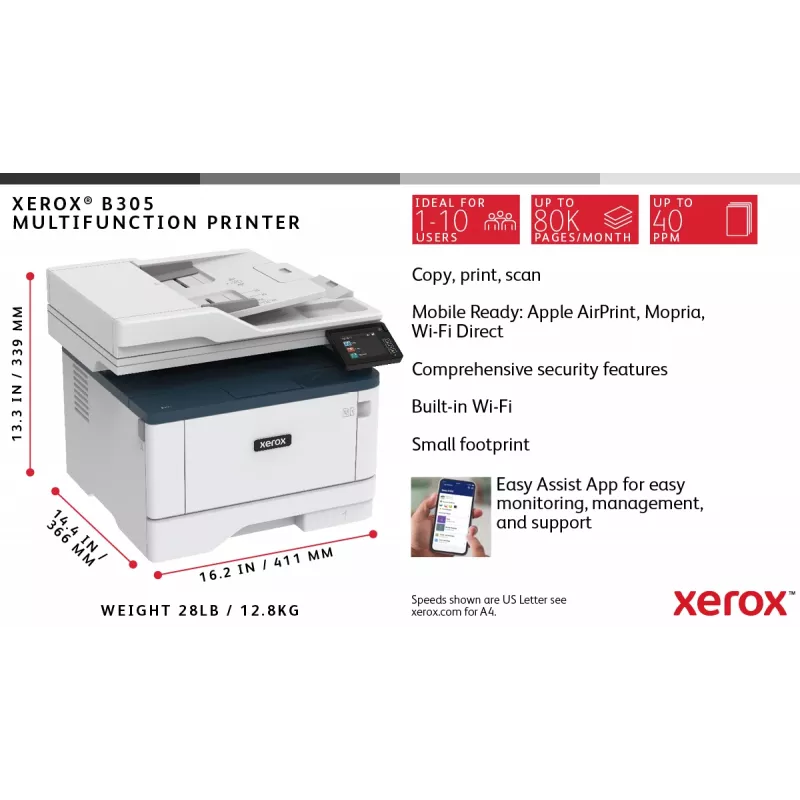 Xerox B305 A4 38ppm Wireless Duplex Copy/Print/Scan PS3 PCL5e/6 2 Trays 350 Sheets