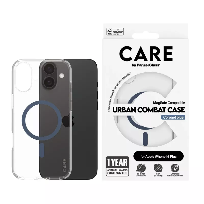 PanzerGlass CARE™ by ® Urban Combat Hülle Transparent mit blauem MagSafe iPhone 16 Plus