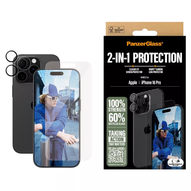 PanzerGlass® 2-in-1-Bundle iPhone 16 Pro, Apple, Apple - iPhone 16 Pro, Trockene Anwendung, Kratzfest, Stoßfest, Transparent, 1 Stk.