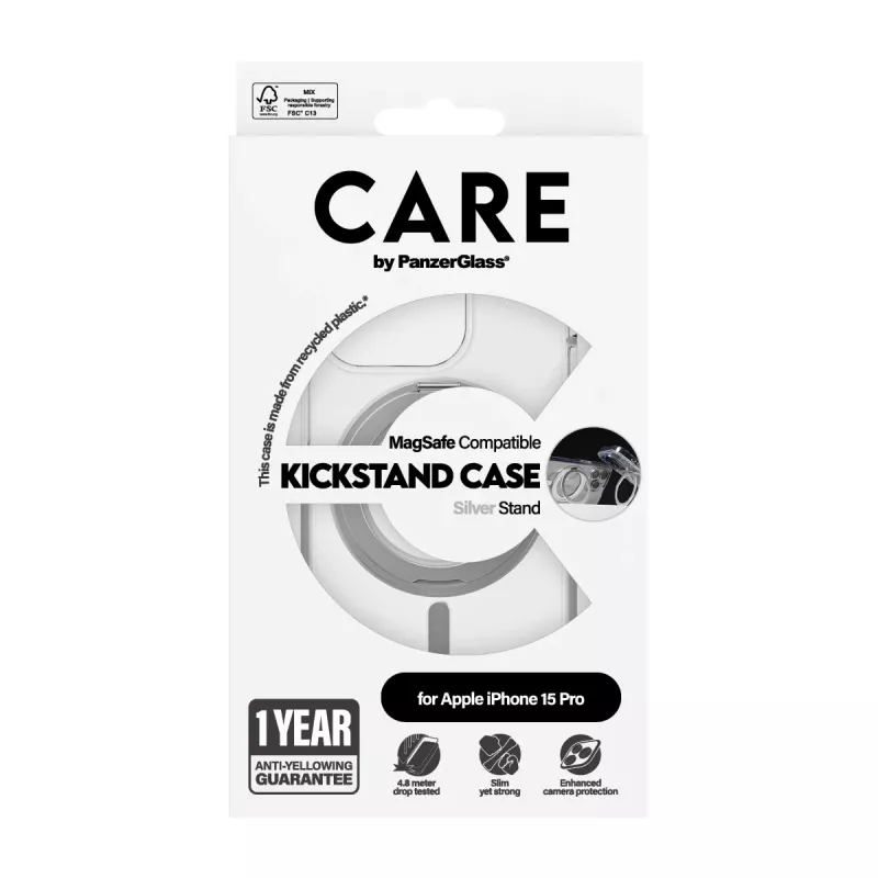 PanzerGlass CARE™ by ® Case Transparent mit silbernem Kickstand & MagSafe iPhone 15 Pro