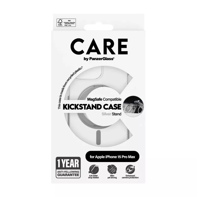 PanzerGlass CARE™ by ® Case Transparent mit silbernem Kickstand & MagSafe iPhone 15 Pro Max