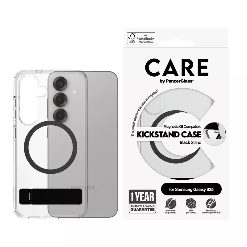 PanzerGlass CARE™ by ® Hülle transparent mit schwarzem Kickstand & Qi kompatibel Samsung Galaxy S25
