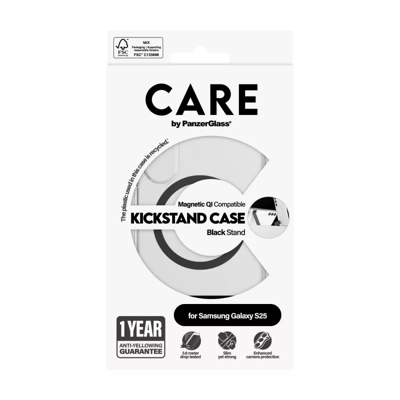PanzerGlass CARE™ by ® Hülle transparent mit schwarzem Kickstand & Qi kompatibel Samsung Galaxy S25