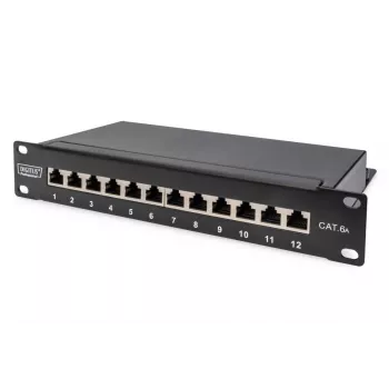 DIGITUS CAT6A Patchpanel, geschirmt, 12-Port Beschriftungsfeld, 1U, 10 Zoll Rackmontage, schwarz RAL 9005