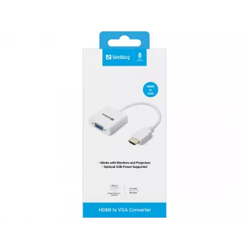 Sandberg HDMI-zu-VGA-Konverter, VGA (D-Sub), HDMI Typ A (Standard), Stecker, Buchse, Weiß, RoHS