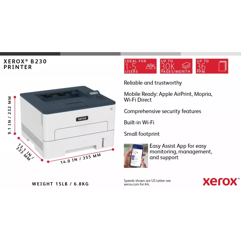 Xerox B230 A4 34ppm Wireless Duplex Drucker PCL5e/6 2 Papierfächer insgesamt 251 Blatt