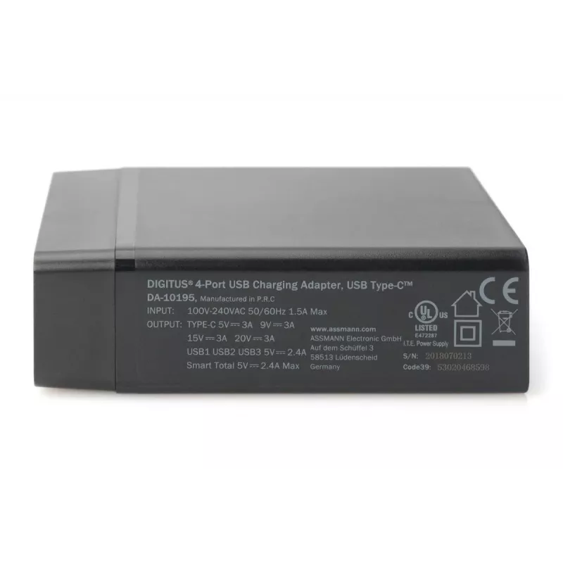 DIGITUS 4-Port USB-Ladegerät, 72 W 1x USB-C (PD) 5,9,15,20 V/3 A, 3x USB-A 5 V/2,4 A, schwarz