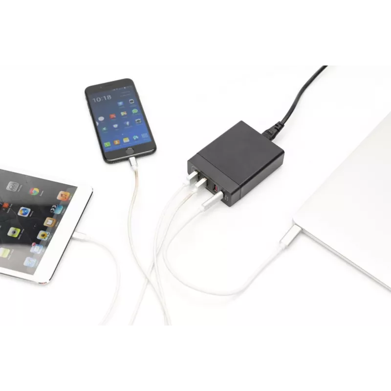 DIGITUS 4-Port USB-Ladegerät, 72 W 1x USB-C (PD) 5,9,15,20 V/3 A, 3x USB-A 5 V/2,4 A, schwarz