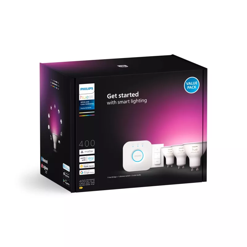 Philips Hue White and Colour Ambience Starter-Kit: 3 GU10 Smart-Spots + Dimmschalter