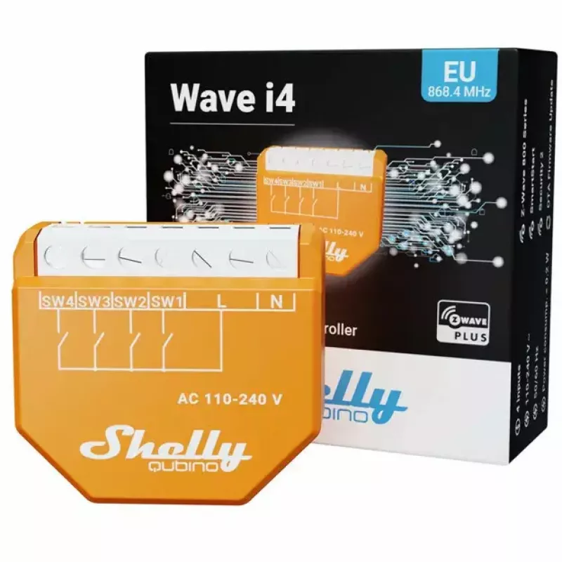 Smart-Schalter Shelly Qubino Wave i4 — kabelloser Szenencontroller 110–240 V, 16 A, 50/60 Hz, orange