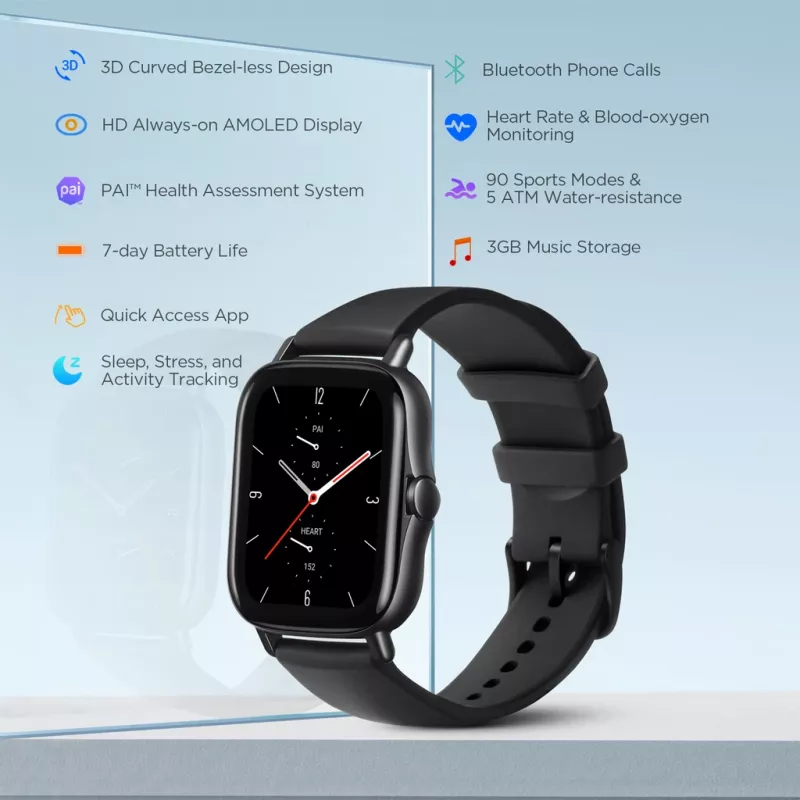 Amazfit GTS 2 Smartwatch, 4,19 cm (1,65 Zoll) AMOLED, 43 mm, GPS, Bluetooth-Telefonie, 5 ATM, Midnight Black
