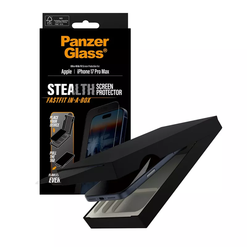 PanzerGlass ® Stealth Displayschutz iPhone 17 Pro Max | Ultra-Weit-Passform mit FASTFIT IN-A-BOX