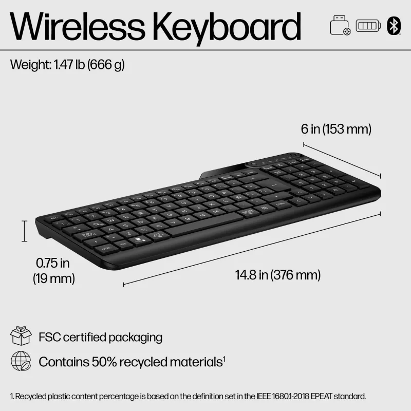 HP 475 Dual-Mode Wireless Keyboard, Full-size (100%), Wireless, RF Wireless + Bluetooth, Membrane, Schwarz