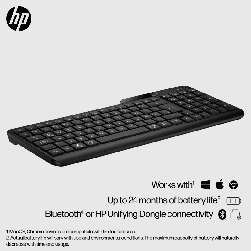 HP 475 Dual-Mode Wireless Keyboard, Full-size (100%), Wireless, RF Wireless + Bluetooth, Membrane, Schwarz