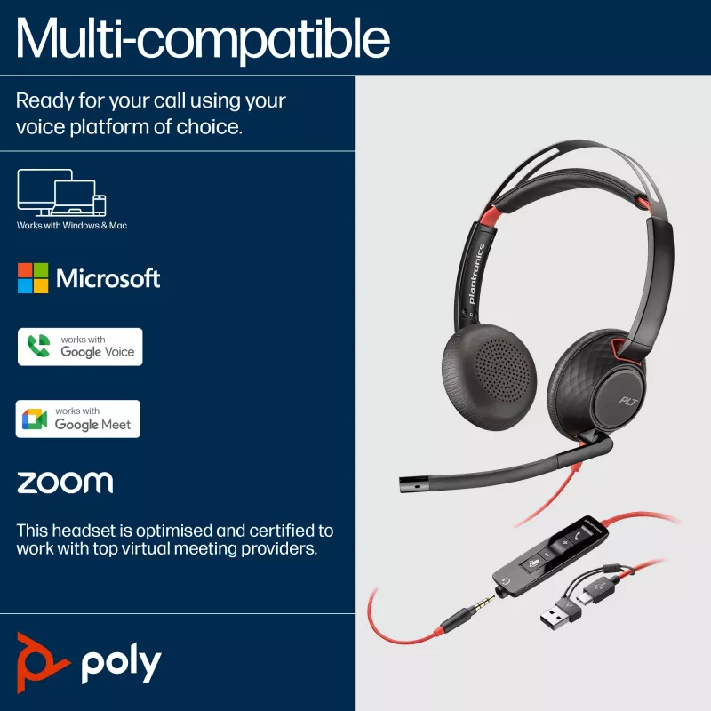 HP Poly Blackwire 5220 Stereo USB-C Headset +3,5-mm-Stecker +USB-C/A-Adapter (Mengenpackung)
