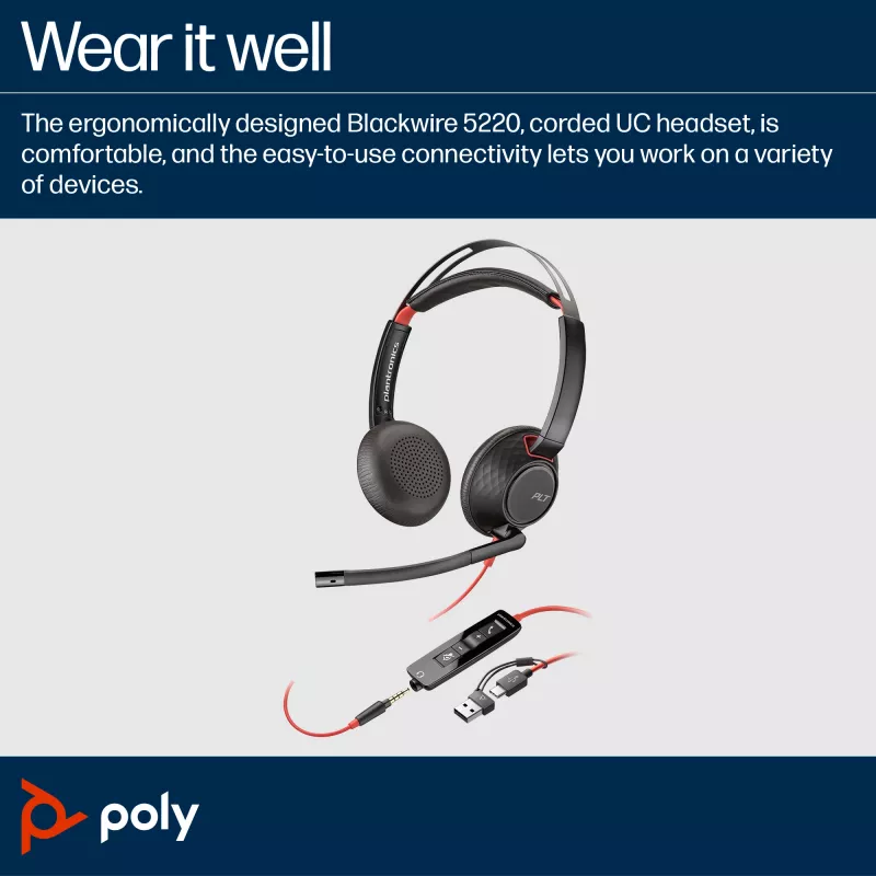 HP Poly Blackwire 5220 Stereo USB-C Headset +3,5-mm-Stecker +USB-C/A-Adapter (Mengenpackung)