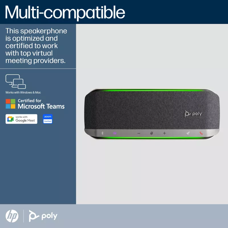 HP Poly Sync 40 Microsoft Teams Certified Speakerphone, Silver, Windows 10, Windows 11, MacOS, 30 h, RoHS, Federal Communications Commission (FCC), CE, 38 mm