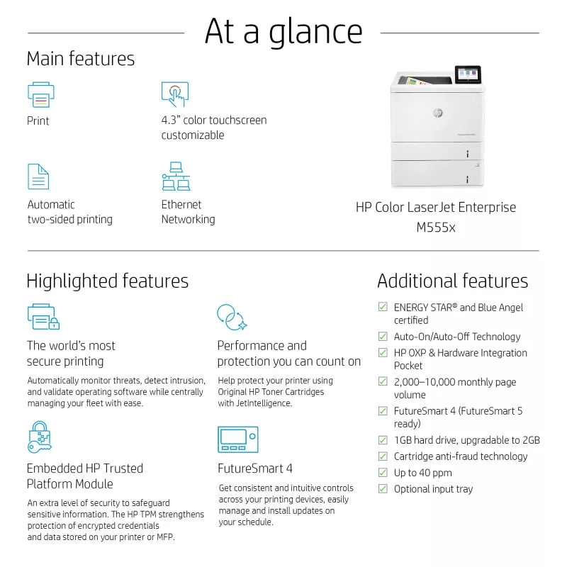 HP Color LaserJet Enterprise M555x, Laser, Farbe, 1200 x 1200 DPI, A4, 38 ppm, Duplexdruck