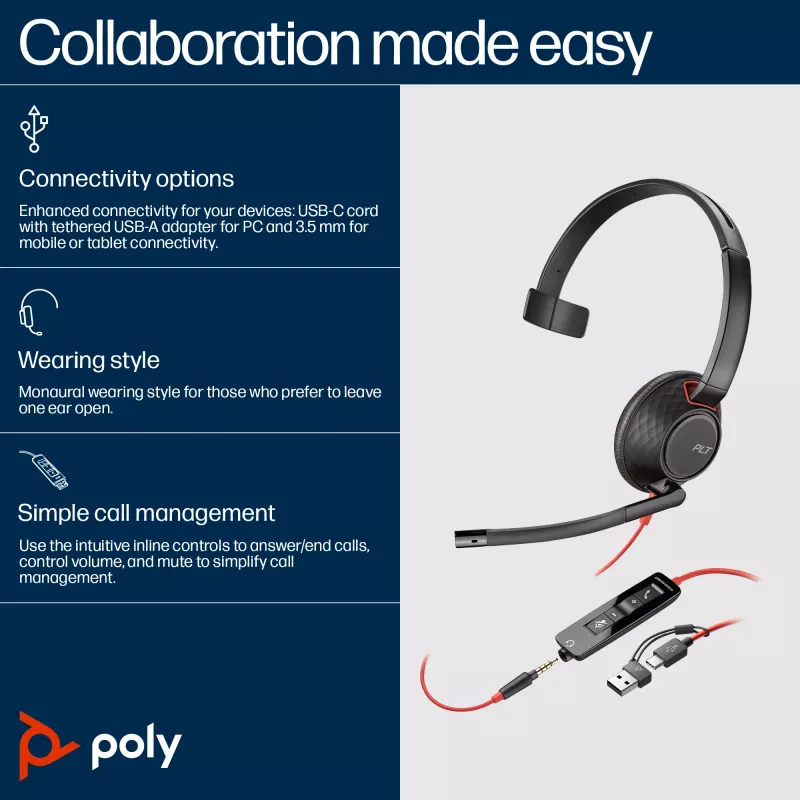HP Poly Blackwire 5210 Monaural USB-C Headset +3.5mm Plug +USB-C/A Adapter (Bulk)