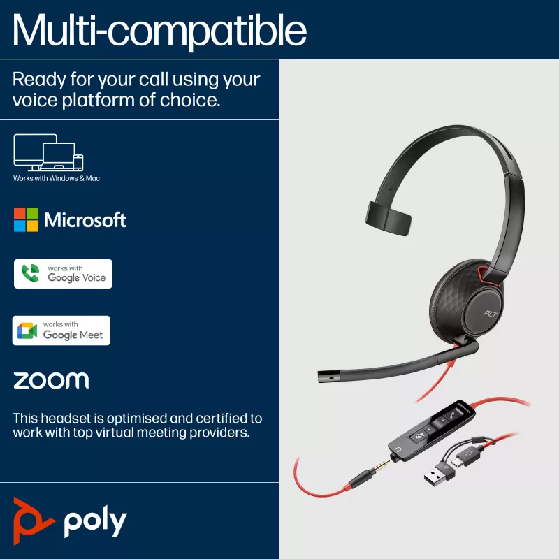 HP Poly Blackwire 5210 Monaural USB-C Headset +3.5mm Plug +USB-C/A Adapter (Bulk)