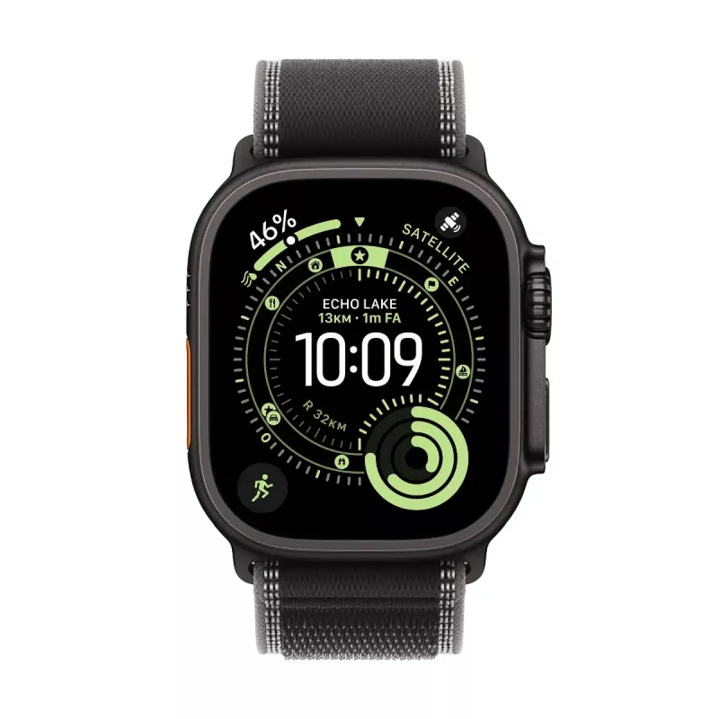 Apple Watch Ultra 3 MF1D4QF/A GPS + Cellular 49 mm Titangehäuse Schwarz mit Trail Loop Schwarz/Kohlegrau S/M