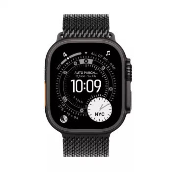 Apple Watch Ultra 3 GPS + Cellular 49mm Gehäuse aus schwarzem Titan mit schwarzem Titan Milanese Loop, groß