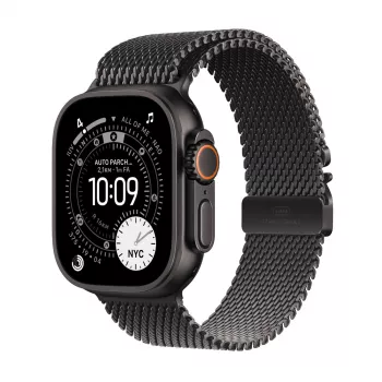 Apple Watch Ultra 3 GPS + Cellular 49mm Gehäuse aus schwarzem Titan mit schwarzem Titan Milanese Loop, groß