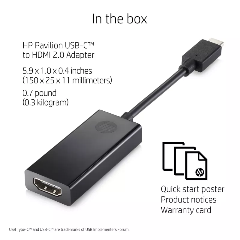 HP 1WC36AA USB-C-auf-HDMI-2.0-Adapter, USB-C Stecker auf HDMI Buchse, Schwarz