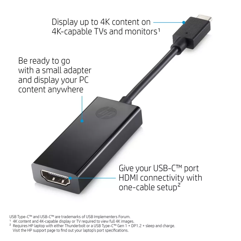 HP 1WC36AA USB-C-auf-HDMI-2.0-Adapter, USB-C Stecker auf HDMI Buchse, Schwarz