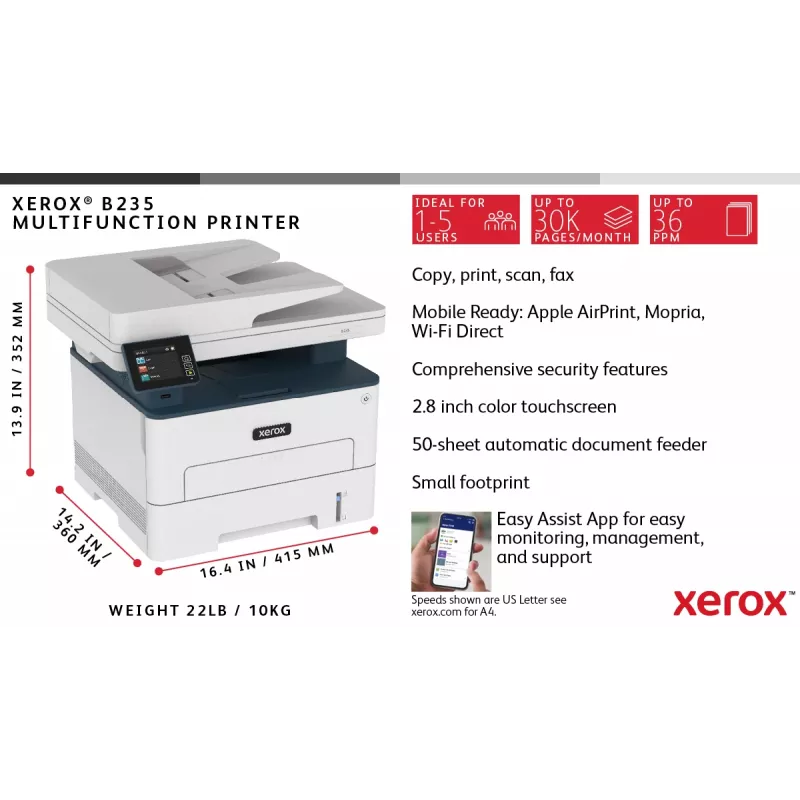 Xerox B235 A4 34ppm Wireless Duplex Kopieren/Drucken/Scannen/Fax PS3 PCL5e/6 ADF 2 Fächer insgesamt 251 Blatt