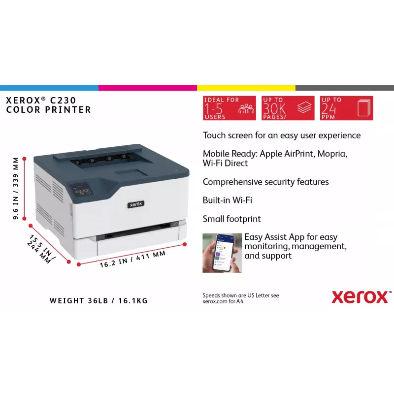 Xerox C230 A4 22ppm Wireless Duplex Drucker PS3 PCL5e6 2 Papierfächer insgesamt 251 Blatt