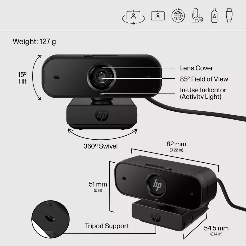 HP 435 FHD Webcam (77B10AA), 2 MP, 1920 x 1080, 30 fps, USB-A 2.0, Autofokus, Sichtschutzblende, Dual-Mikrofone, Schwarz