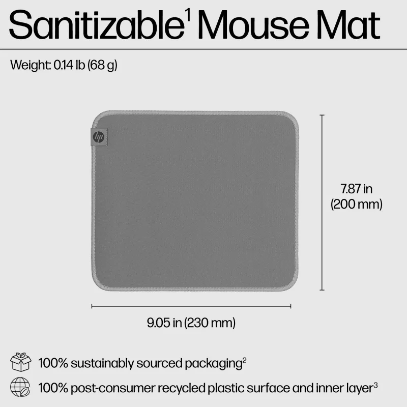 HP 105 desinfizierbares Mauspad, Grau, Monochromatisch, Polyester, Gummi