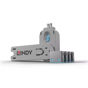 Lindy USB Port Blocker - Pack mit 4 Stück, Farbcode: Blau, Portblocker + Schlüssel, USB Typ-A, Blau, Acrylnitril-Butadien-Styrol (ABS), 5 Stück, Polybeutel