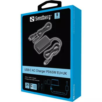 Sandberg 135-76 USB-C Netzteil PD65W EU+UK, 65 W, 3,25 A, 100-240 V, 1,8 m Kabel
