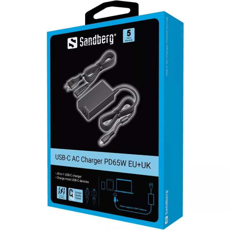 Sandberg 135-76 USB-C Netzteil PD65W EU+UK, 65 W, 3,25 A, 100-240 V, 1,8 m Kabel
