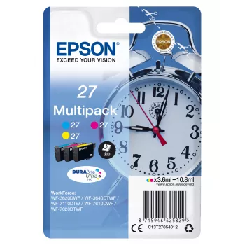 Epson Alarm clock Multipack 3-Farben 27 DURABrite Ultra Tinte, Standardausbeute, Cyan, Magenta, Gelb, Pigmenttinte, 3,6 ml, 1 Stück, Multipack